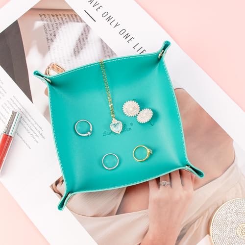 SANQIANWAN PU Leather Arc Edge Jewelry Valet Tray for Man and Women, Portable Mini Entryway Table Tray Bedside Nightstand Desk Tray Small Travel Dish Plate for Key,Wallet,Watch,Coin (WaterGreen) - color: Watergreen