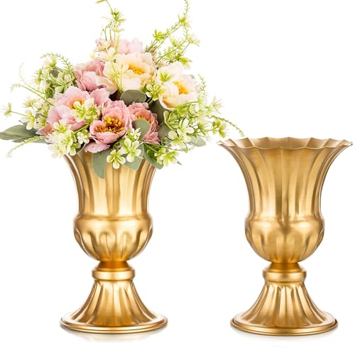 Sziqiqi Gold Flower Arrangements Vase for Wedding Table Centerpiece - 9in Metal Planter Vase Pot for Artificial Real Flower Small Trumpet Plant Urn for Garden - color: Gold, size: 9in-2pcs