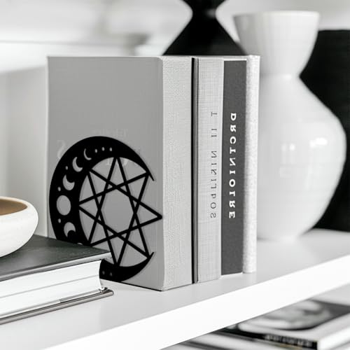 Peacoblue Metal Bookends for Shelves, Modern Decorative Heavy Duty Study Book Support Stoppers for Office, Desk, Shelf, Room 5.3"x4.3"x5.1" Cast Iron Simple Tall Bookends, 1 Pair (Moon and Star) - style: Moon and Star