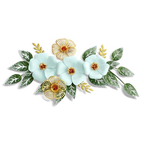 Otoolling 13.7'' Metal Flower Wall Decor, 3D Light Blue & Gold Floral Sculpture with Green Leaves, Hanging Wall Art Accent for Living Room, Bedroom, Bathroom, Home Indoor Outdoor Decoration - style: Classic Style
