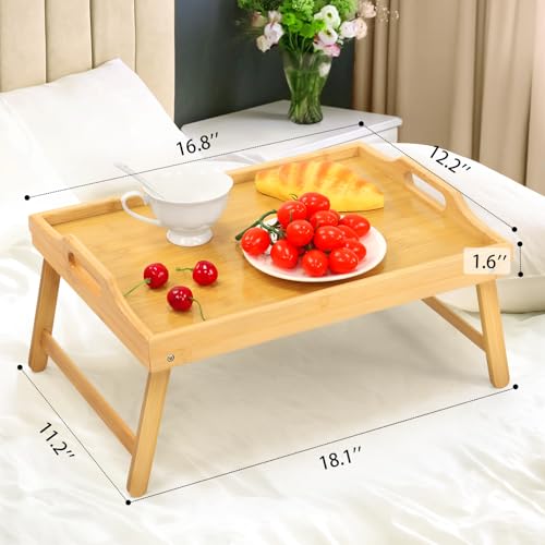 2 Pack Bamboo Bed Tray Table, Folding Legs and Handles, Breakfast Tray, Laptop Desk for Bed or Sofa, Serving Tray for Eating, Working, Reading,Picnic - color: Bamboo, size: 18.1" x 11.2" x 7.7" (2 Pack)