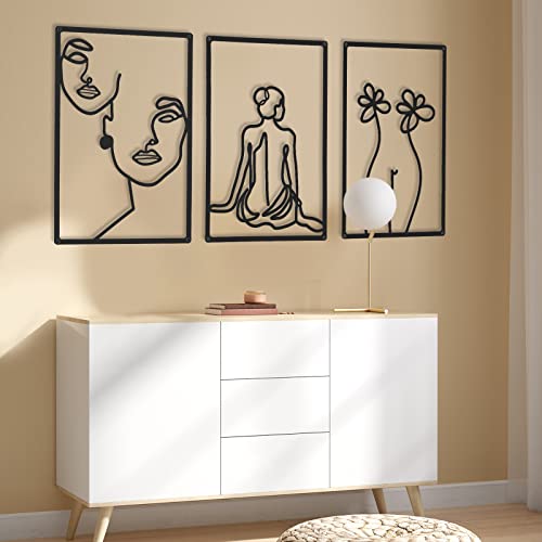CHENGU 3 Pieces Metal Minimalist Abstract Woman Wall Art Line Drawing Wall Art Decor Single Line Female Home Hanging for Kitchen Bathroom Living Room - style: Back Style