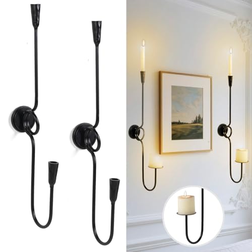 GAKA Large(27 inch) Wall Sconce Candle Holder Set of 2,2 Arm Iron Wall Mount Candle Holder Decorative,Black