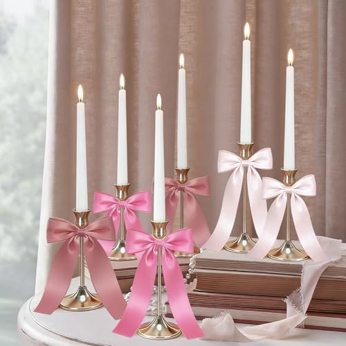 JarThenaAMCS 6Pcs Candle Stick Holders with Candles Satin Ribbon Bows Gold Metal Taper Candle Holders for Bride Shower Wedding Party Fireplace Table Centerpiece Decor