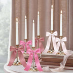 JarThenaAMCS 6Pcs Candle Stick Holders with Candles Satin Ribbon Bows Gold Metal Taper Candle Holders for Bride Shower Wedding Party Fireplace Table Centerpiece Decor