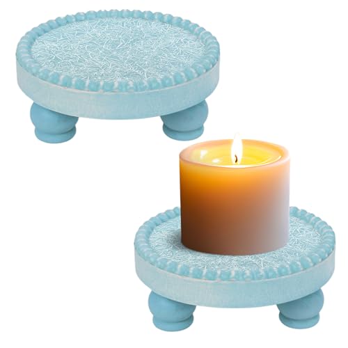 Farmhouse Round Wood Tray Riser, Pedestal Stand with Beaded Edge, Rustic Wooden Candle Trays Decor for Tiered Tray, Candle, Mug Display Decorative, Table Centerpiece, Blue Green - color: Blue Green, size: Set of 2