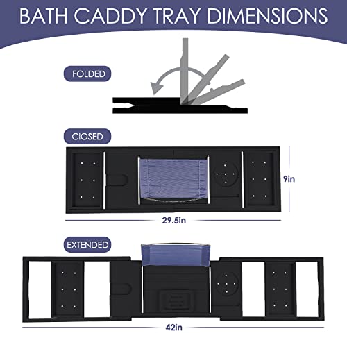 Foldable Bathtub Caddy Tray, Bamboo Bath Tub Tray Table for Tub with Wine Glass Holder Book Phone Tablet Holder with Extending Sides, Adjustable Bathroom Bathtub Free Soap Holder Gift Idea (Black) - color: Black