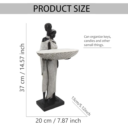Lescafita Ivory White African Couple Statue - Minimalist Standing Figure with 7.8" Basket, Resin Home Decor for Small Items, Neutral Shelf Accent (12.5" H) - color: 310-white
