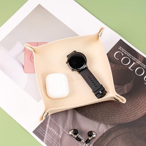 SANQIANWAN PU Leather Arc Edge Jewelry Valet Tray for Man and Women, Portable Mini Entryway Table Tray Bedside Nightstand Desk Tray Small Travel Dish Plate for Key,Wallet,Watch,Coin (Beige) - color: Beige