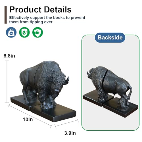 Decorative Bookends, Art Book Ends for Heavy Books, Heavy Bookends for Shelves, Vintage Non-Slip Base Book Holder, Resin Book Stopper for Home Office Decor (Black Buffalo) - color: Black Buffalo