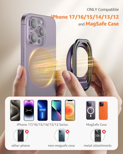 【2025 Upgraded】 Mag Safe Phone Ring Holder, SUPERONE Adjustable Magnetic Kickstand & Removable Phone Grip Compatible with Wireless Charging Only for iPhone 17 & 16 & 15 & 14 & 13 & 12 Series - Purple - color: Purple