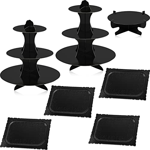 Zopeal 7 Pcs Dessert Table Display Set 3-Tier Cupcake Stand 1-Tier Cup Cake Display Tower Platters and Serving Trays Cardboard Cake Cookie Holders for Wedding Birthday Party Baby Shower(Black) - color: Black