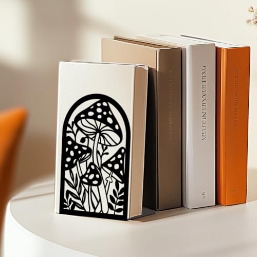 Mushroom Book Ends Design, Metal Bookends for Decorative Books, Heavy Duty Bookends for Shelves, 3.5"x4.7"x7.1" Book Stopper for Home Office School Bookshelf Decor - style: Mushroom