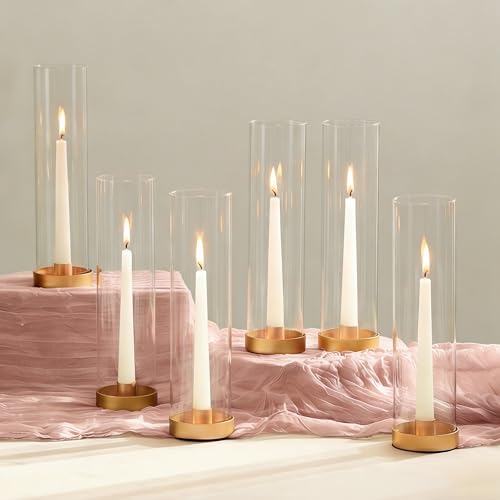 NUPTIO Hurricane Glass Candle Holders: 6 Pcs Gold Metal Taper Candlesticks Holder with 11.81 inch Long Clear Bottomless Cylinder Cover Stands for Wedding Anniversary Bridal Shower Table Centerpiece - color: Gold, size: 11.81"H - 6 Pcs