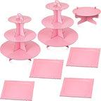Zopeal 7 Pcs Dessert Table Display Set 3-Tier Cupcake Stand 1-Tier Cup Cake Display Tower Platters and Serving Trays Cardboard Cake Cookie Holders for Wedding Birthday Party Baby Shower(Pink) - color: Pink