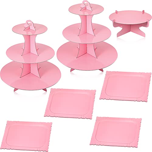 Zopeal 7 Pcs Dessert Table Display Set 3-Tier Cupcake Stand 1-Tier Cup Cake Display Tower Platters and Serving Trays Cardboard Cake Cookie Holders for Wedding Birthday Party Baby Shower(Pink) - color: Pink