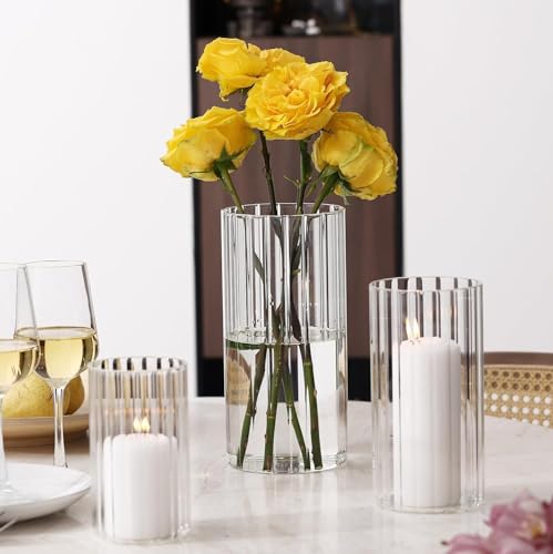 PHOSPHOR 24 Pcs Hurricane Candle Holders for Pillar Candle 6'', 8'', 10'' Tall Glass Cylinder Centerpieces Vases Floral - color: Striped Glass 24 Pcs