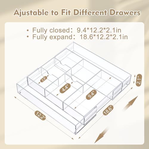 Briwooody 2 Pcs Acrylic Desk Drawer Organizer Maximum 12 x 18 x 2.1 Inch Expandable Drawer Organizer Trays with 8 Adjustable Compartments Desk Accessories for Makeup Silverware Office Bathroom - size: 12 x 18 x 2.1 Inch