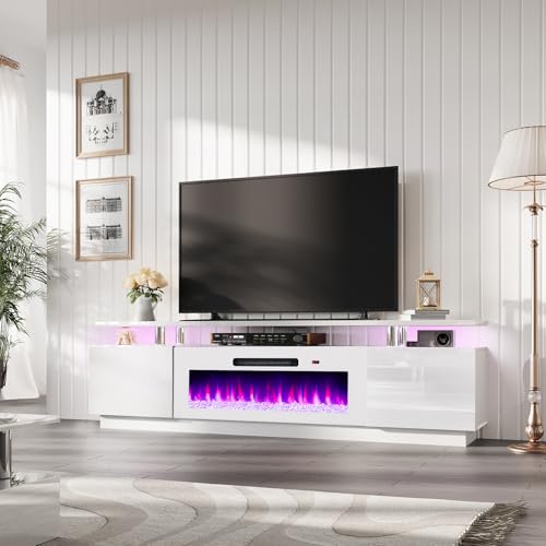 AMERLIFE Fireplace TV Stand with 40" Fireplace, 80" Modern Fireplace Entertainment Center LED Lights, 2 Tier TV Console Cabinet for TVs Up to 90", White & White - color: White & White, size: 80"
