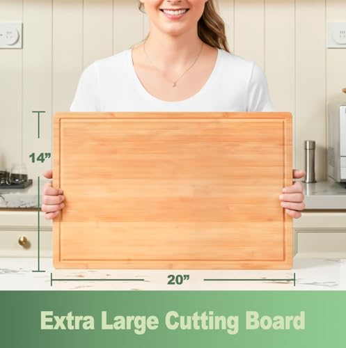 Allsum 20x14" Extra Large Bamboo Cutting Boards for Kitchen, XL Wood Charcuterie Boards Cheese Serving Tray with Side Handles and Juice Grooves, Solid Durable Reversible - size: 20"L x 14"W