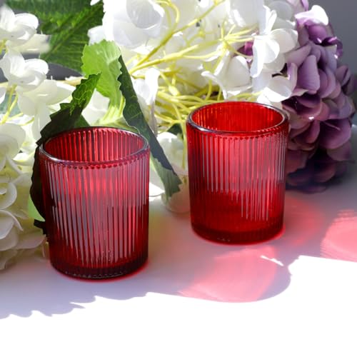 VOHO Red Candle Holders Set of 12, Ribbed Glass Votive Candle Holders Bulk for Holiday/Party Decorations, Tea Lights Candle Holder Wedding Centerpieces for Tables - color: Red