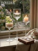 Tall Glass Candle Holder: Long Stem Floating Candle Holders for Tealight Votive and Pillar Large Clear Centerpieces for Wedding Table Party Home Set of 3