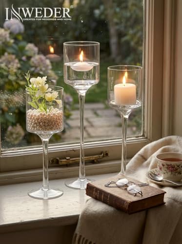 Tall Glass Candle Holder: Long Stem Floating Candle Holders for Tealight Votive and Pillar Large Clear Centerpieces for Wedding Table Party Home Set of 3