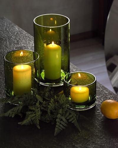 ARIAMOTION Hurricane Candle Holders Set 3, Spring Green Glass with Seeded Bubbles, Pillar Candle Holders Bulk,Cylinder Vase Centerpieces 10" 7" 4" Height