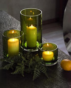 ARIAMOTION Hurricane Candle Holders Set 3, Spring Green Glass with Seeded Bubbles, Pillar Candle Holders Bulk,Cylinder Vase Centerpieces 10" 7" 4" Height