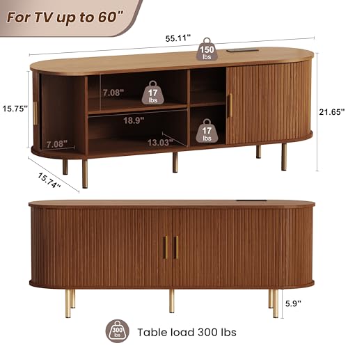 DHH 55 Inch Mid Century Modern TV Stand with Power Outlet for TVs up to 60 Inch, Entertainment Center with Storage and Adjustable Shelves, Media Console with Sliding Doors for Living Room(Walnut) - color: Walnut, size: 55 Inch