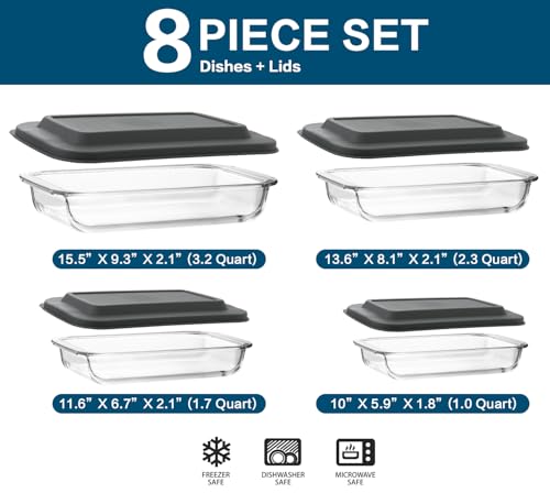 8-Piece Deep Glass Baking Dish Set with Plastic lids,Rectangular Glass Bakeware Set with Lids, Baking Pans for Lasagna, Leftovers, Cooking, Kitchen, Freezer-to-Oven and Dishwasher, Gray - color: Gray