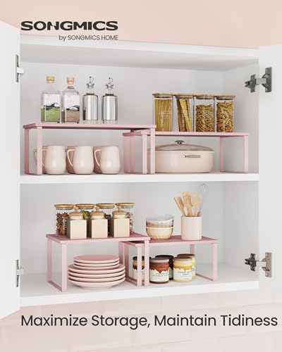 SONGMICS Cabinet Organizer Shelf, Set of 2 Kitchen Counter Shelves, Kitchen Storage, Spice Rack, Stackable, Expandable, Metal and Engineered Wood, Jelly Pink UKCS025S01 - color: Jelly Pink, size: 15.6"W