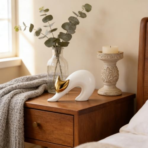Cat Statues Home Decor White Ceramic Cat Figurine, Gold Cat Figurine Accent, Modern Cat Sculpture 7.9in, Desk Cat Statue for Office Shelf - size: 4.7in