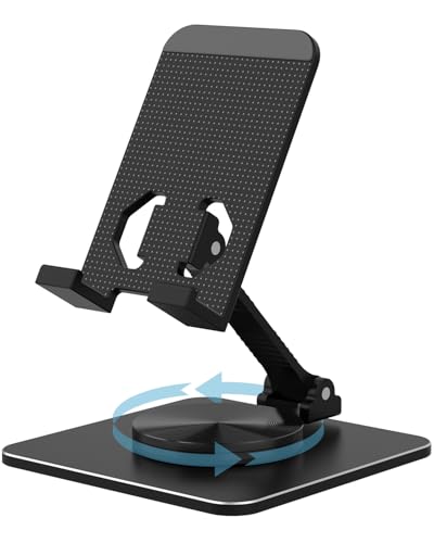 Cell Phone & Tablet Stand for Desk, Aluminum Adjustable Holder for iPhone, iPad & Smartphones || Foldable Mount with 360° Swivel, Stable Base & Portable Design for 4–9.7in Devices, Black - color: Black