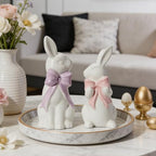 WDS WONDROUS 2PCS Easter Decoration Bunny Decor - Spring Easter White Rabbit Sculpture, Ceramic Statues with Bow for Farmhouse Home Decor Tabletop Shelf Mantel Dining Table Centerpiece