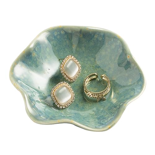 Ceramic Ring Dish, Jewelry Dish Holder, Small Trinket Tray Plate for Earrings Rings Necklaces Keys, Gift for Mom Friend Sister on Birthday Mother's Day Christmas (Cyan Surface) - color: Cyan Surface