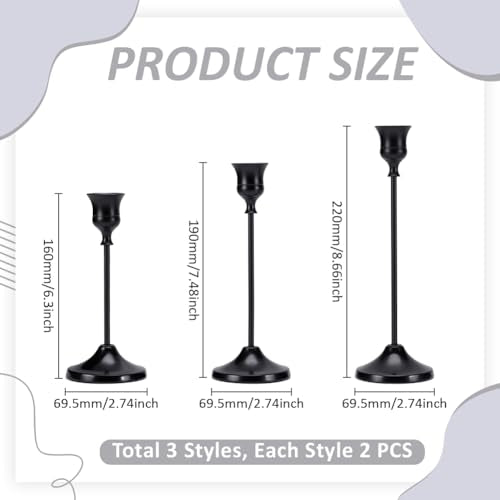 UNICRAFTALE 6Pcs 3 Sizes Candlestick Holders Black Taper Candles Holder for Candlesticks Aluminum Wedding Candlesticks Metal Retro Candles Holders for Christmas Candlelight Dinner 10-16cm