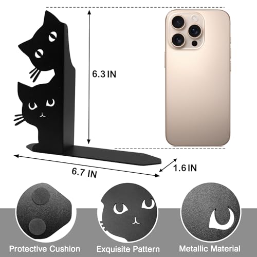 Peeping Cat Bookends for Shelves Decorative, Metal Book Ends for Heavy Books Book Stopper for Office Home Cute Desk Bookshelf Decor Cat Lover Gifts for Women (Black) - color: Black Cat
