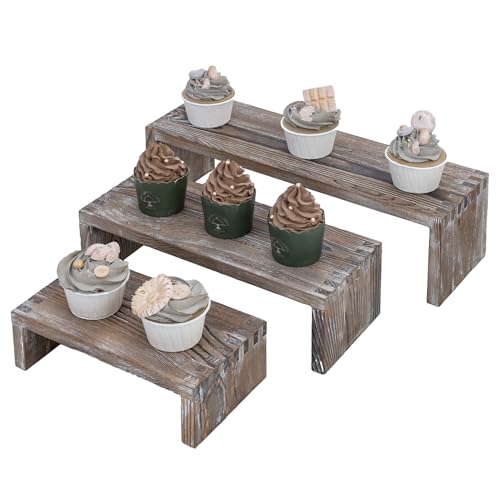 MyGift Rustic Brown Wood 3-Tier Collectibles Figurine Display Risers, Dessert Showcase Stands, Set of 3