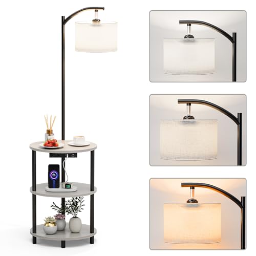Round Side Table with Lamp and USB Ports, 3-Tier Small End Table for Living Room & Bedroom, Rustic Wood Metal Nightstand for Small Spaces, Easy to Assemble, Greige - color: Greige, size: 1-Pack, style: Built-in Charging + Lighting