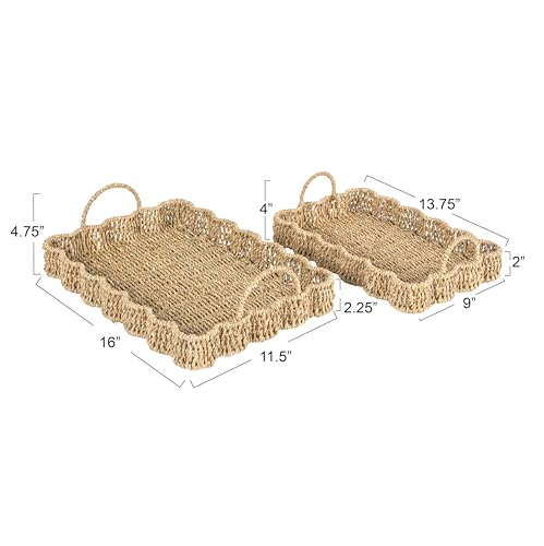 Household Essentials Woven Seagrass Scalloped Rectangular Trays, Set of 2, Natural - color: Natural Seagrass, size: 16" x 11.5" x 4.8"