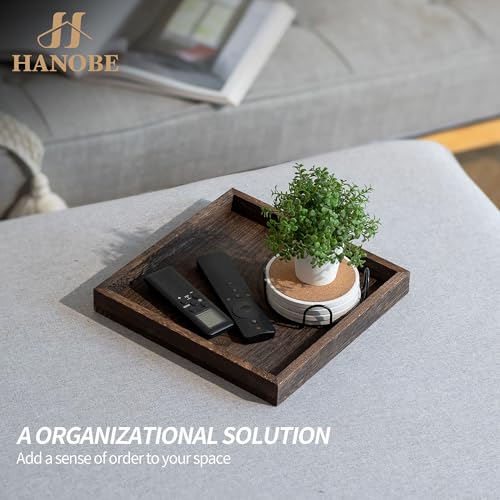 Hanobe Serving Tray Decor for Table: Small Wood Decorative Trays for Ottoman Coffee Tables - Farmhouse Square Wooden Centerpiece for Kitchen Counter Home Living Room 10inch Brown