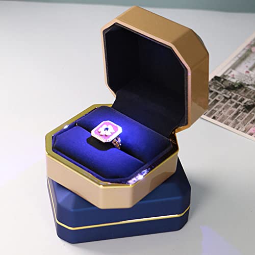 Luxury Ring Box, Square Velvet Wedding Ring Case Jewelry Gift Box with LED Light for Proposal Engagement Wedding, Gold - color: Gold, size: Ring Box
