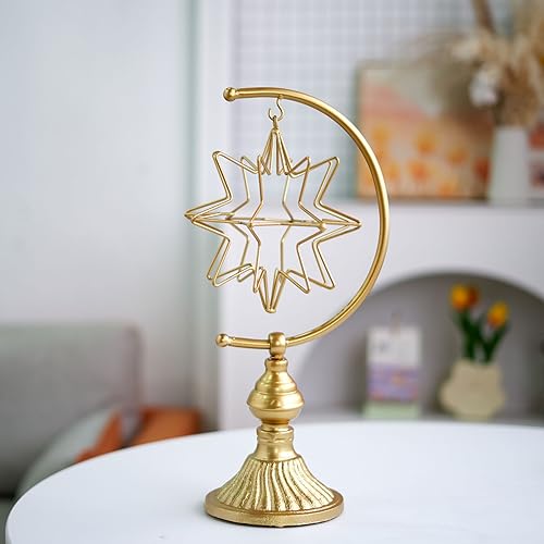 HLQMFHT 5.6" W x 16.3" H Metal Geometric Abstract Sculpture on Cast Iron Base,Metal Geometric Sculpture Decor Sphere, Tabletop,Living Room,Study,Bedroom,Home Decor - color: Gold-d