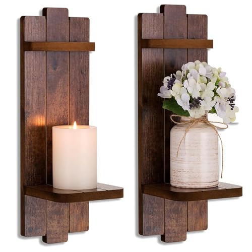 Rustic Candle Holder Farmhouse Wall Decor - Brown Candle Sconces Set of Two Wooden Vintage Hanging Wall Decoration for Fireplace Mantel Living Room Bedroom Dining Room - color: Brown, size: 15.7in x 5.1in