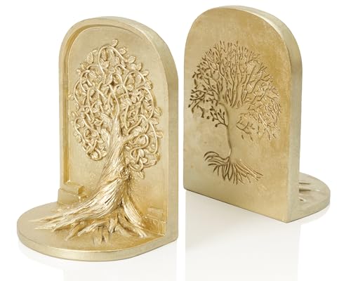 Tree of Life 3D Bookends with Intricate Details, Solid Resin Construction Non-Slip Design, Regal Gold Decor for Home Library, Office - color: Regal Gold