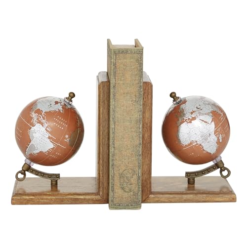 Deco 79 Wood Decorative Bookends Globe Non Skid Bookends, Set of 2 Office Bookends7", 7"H, Brown