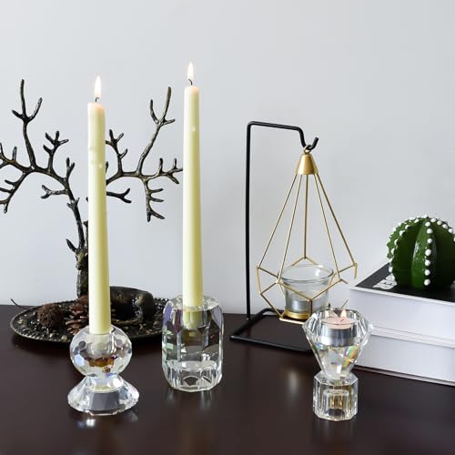 Clear Crystal Candle Holder, Set of 3 Crystal Clear Candlestick Stand for Pillar Taper Tealight Candle,Party, Wedding and Christmas Candle Holder Decoration - color: Transparent Color