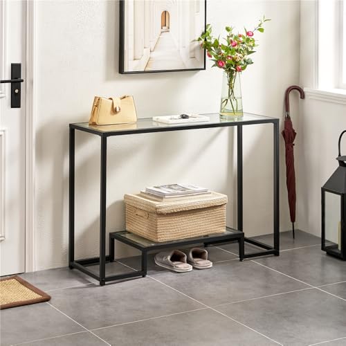 Yaheetech 42 Inch Console Table, Tempered Glass Entryway Table, 2-Tier Sofa Tables with Storage Shelves, Entrance Tables for Hallway Living Room, Black - color: Black