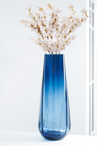 Flower Vase - Glass - Blue - Colored - Thick - 13.9" H - Square Top - Optic Design - European Made - by Barski